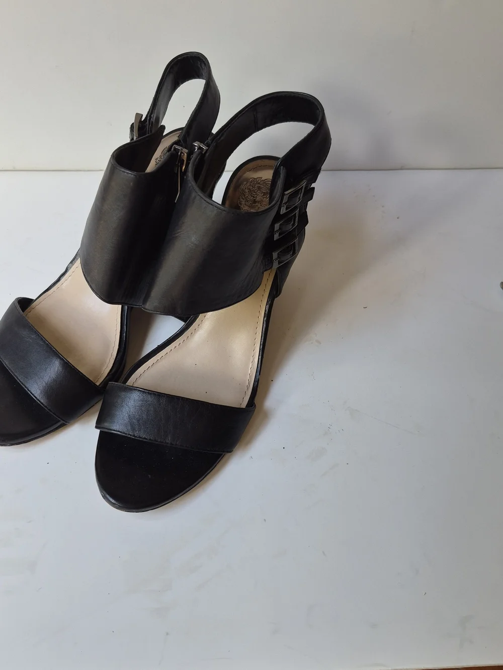 Vince Camuto Black Leather Triple-Buckle Wedge Sandals